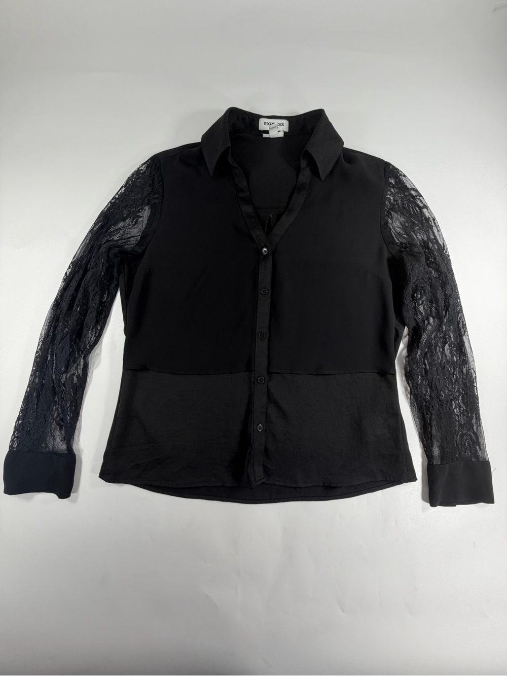 Express Gothic Romantic Lace Sleeve Black Button Front Blouse Women’s XS